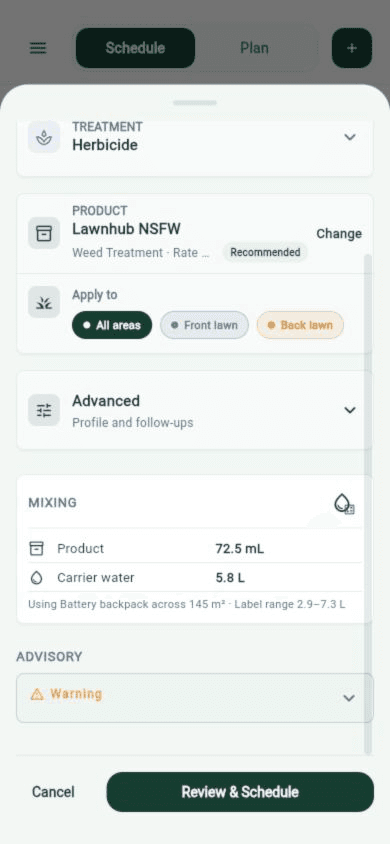 Add Treatment mixing card showing 72.5 mL of product and 5.8 L of carrier water for a battery backpack across 145 square metres