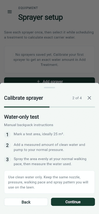 Calibrate sprayer step 2, a water-only test with three numbered instructions for a manual backpack