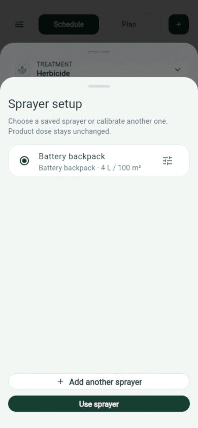 Sprayer setup sheet with Battery backpack selected at 4 L per 100 square metres and Use sprayer enabled
