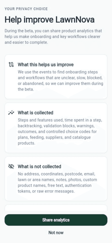 Help improve LawnNova analytics consent screen with Share analytics and Not now