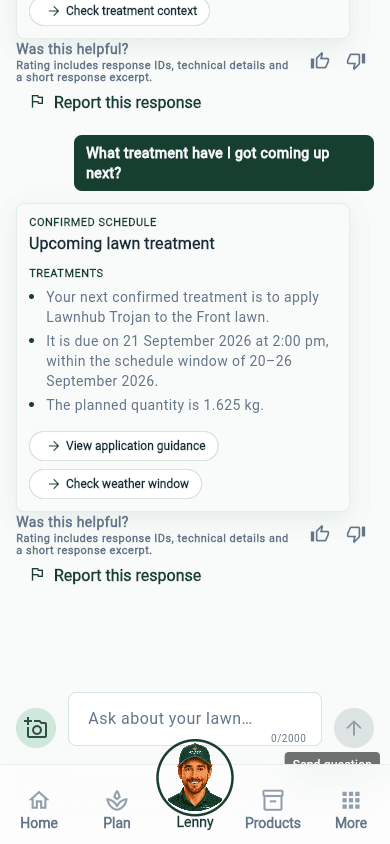 Ask Lenny chat answering what treatment is coming up next, with Lawnhub Trojan on the Front lawn and a confirmed schedule window