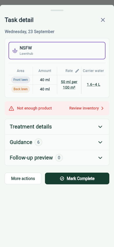 Task detail compact summary with area, amount, rate and carrier water on one row