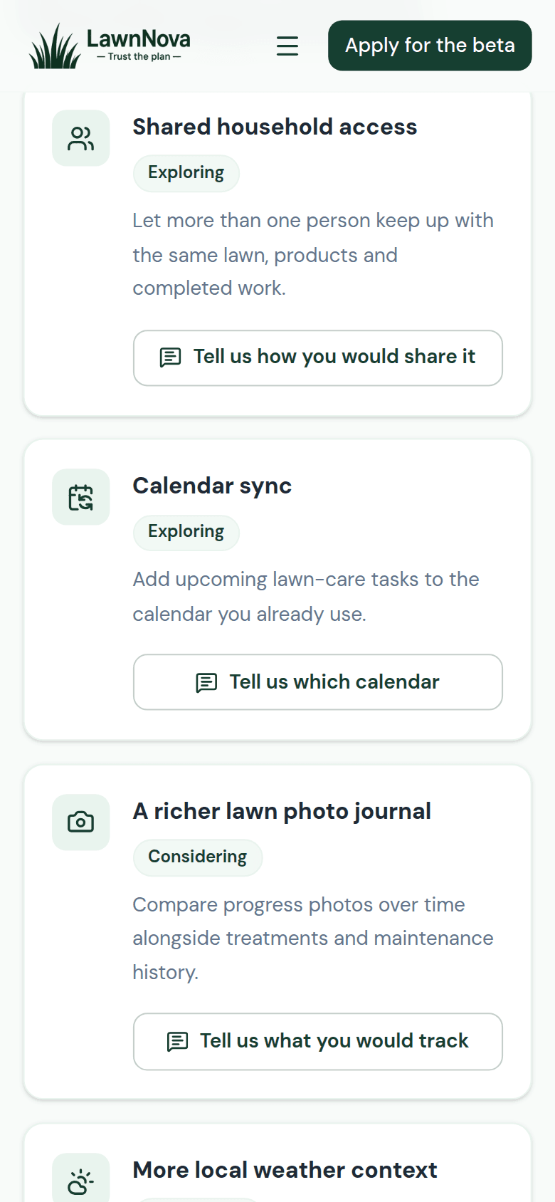 LawnNova Ideas page with roadmap cards for shared access, calendar sync and a photo journal