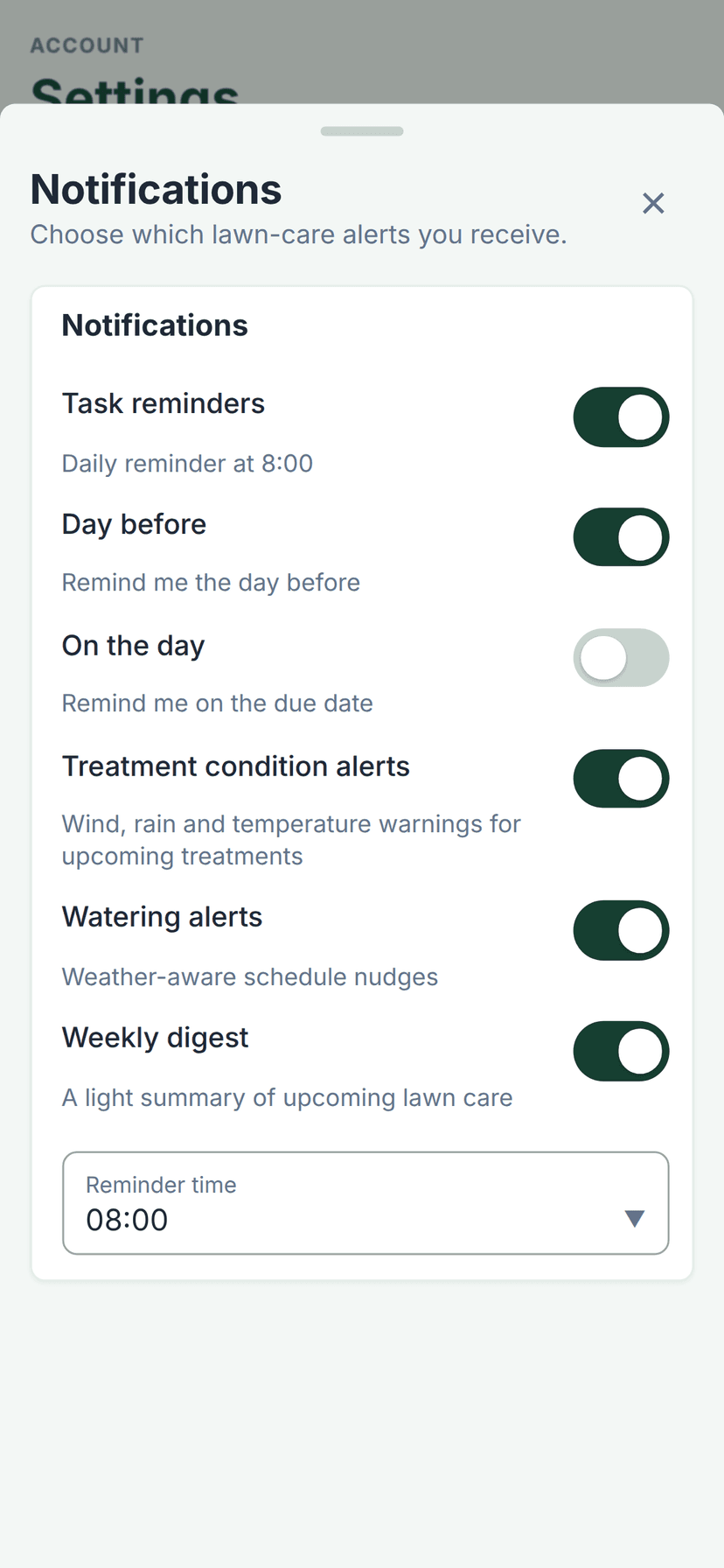 Notifications sheet with Task reminders and Day before switched on, On the day off, and reminder time set to 08:00