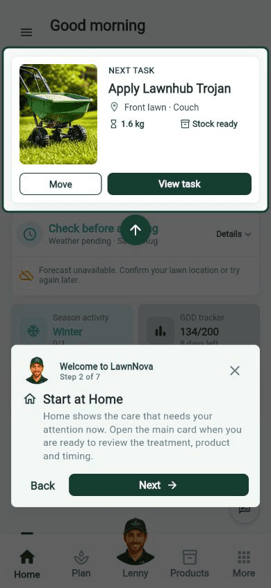 Home with Welcome to LawnNova step 2 of 7, Start at Home, pointing at the next-task card