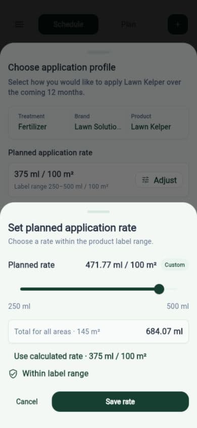Set planned application rate sheet with a slider inside the product label range
