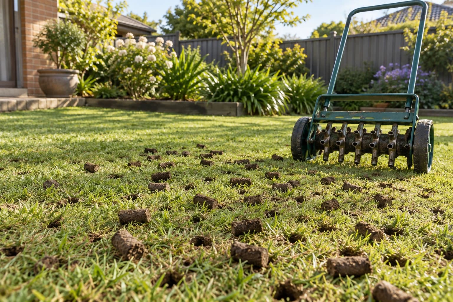 Soil cores on a suburban lawn beside a manual core aerator.