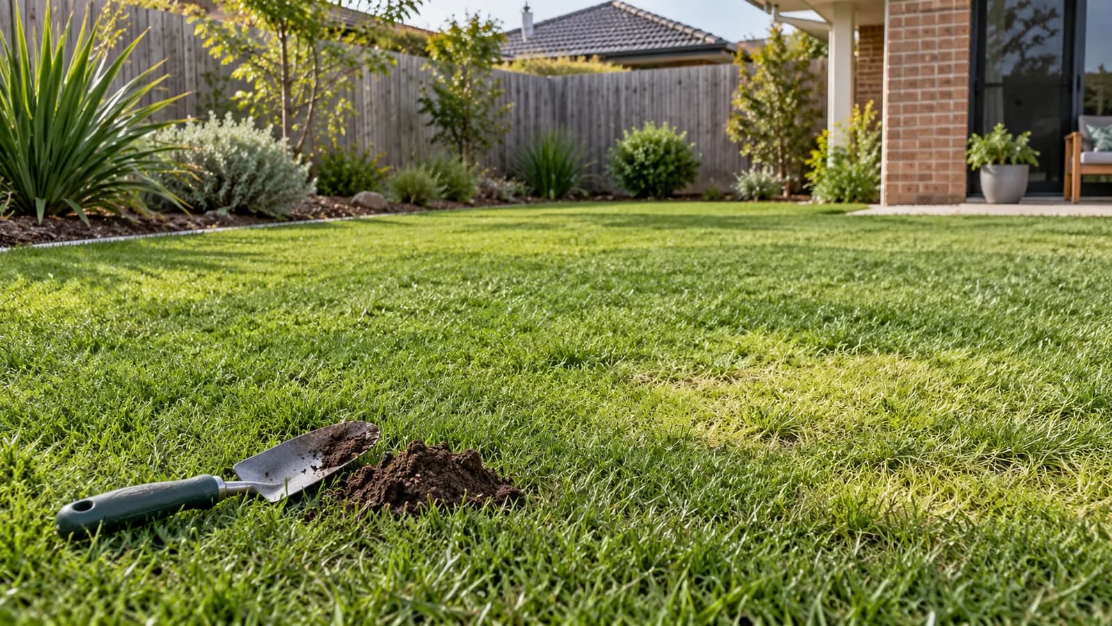 Australian suburban lawn with a small pale patch, hand trowel and soil sample ready for inspection.
