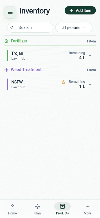 LawnNova Products screen showing an inventory with a fertiliser category and remaining quantity.