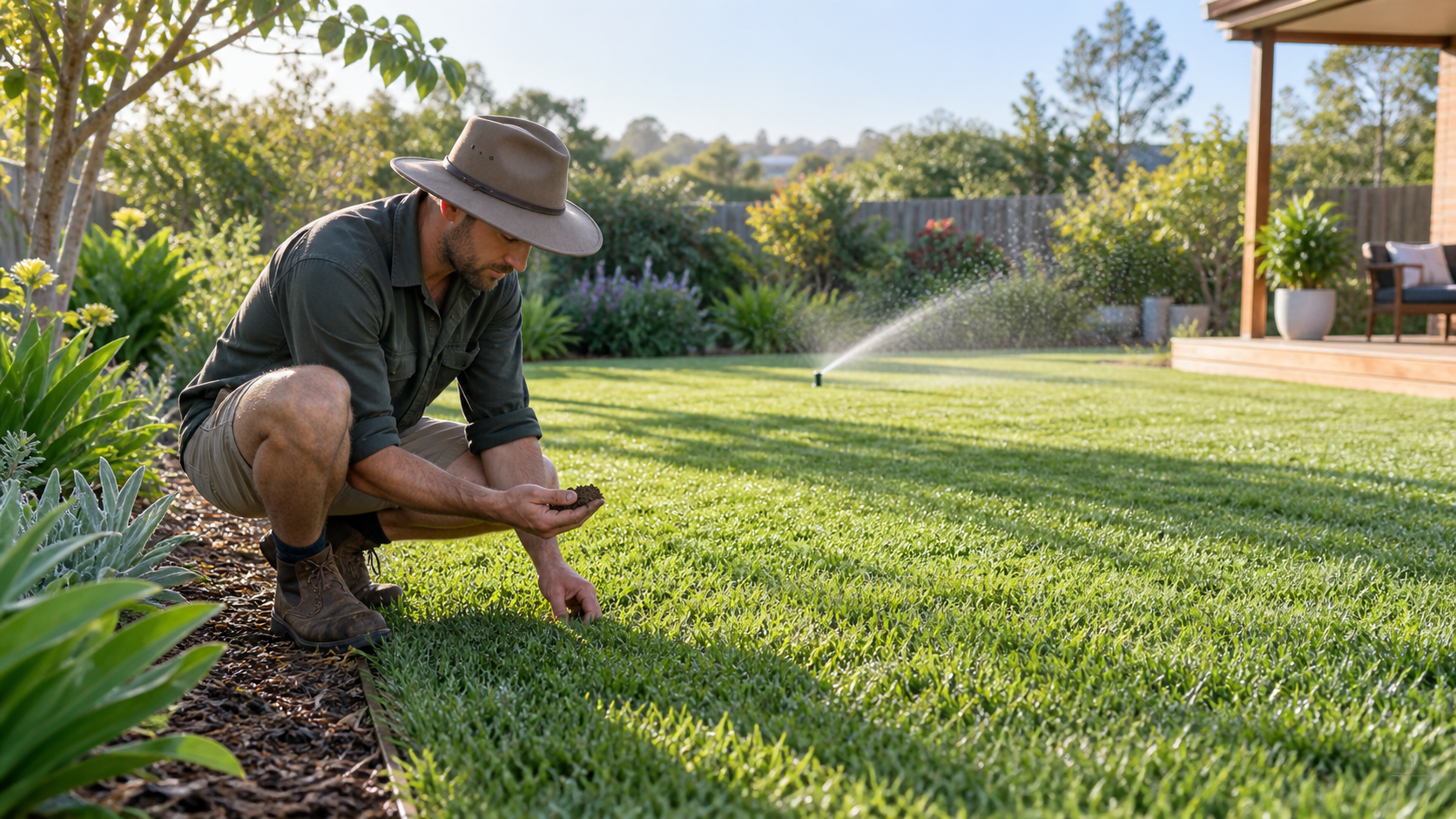 A Greenkeeper checking soil moisture beside a sprinkler on a healthy lawn