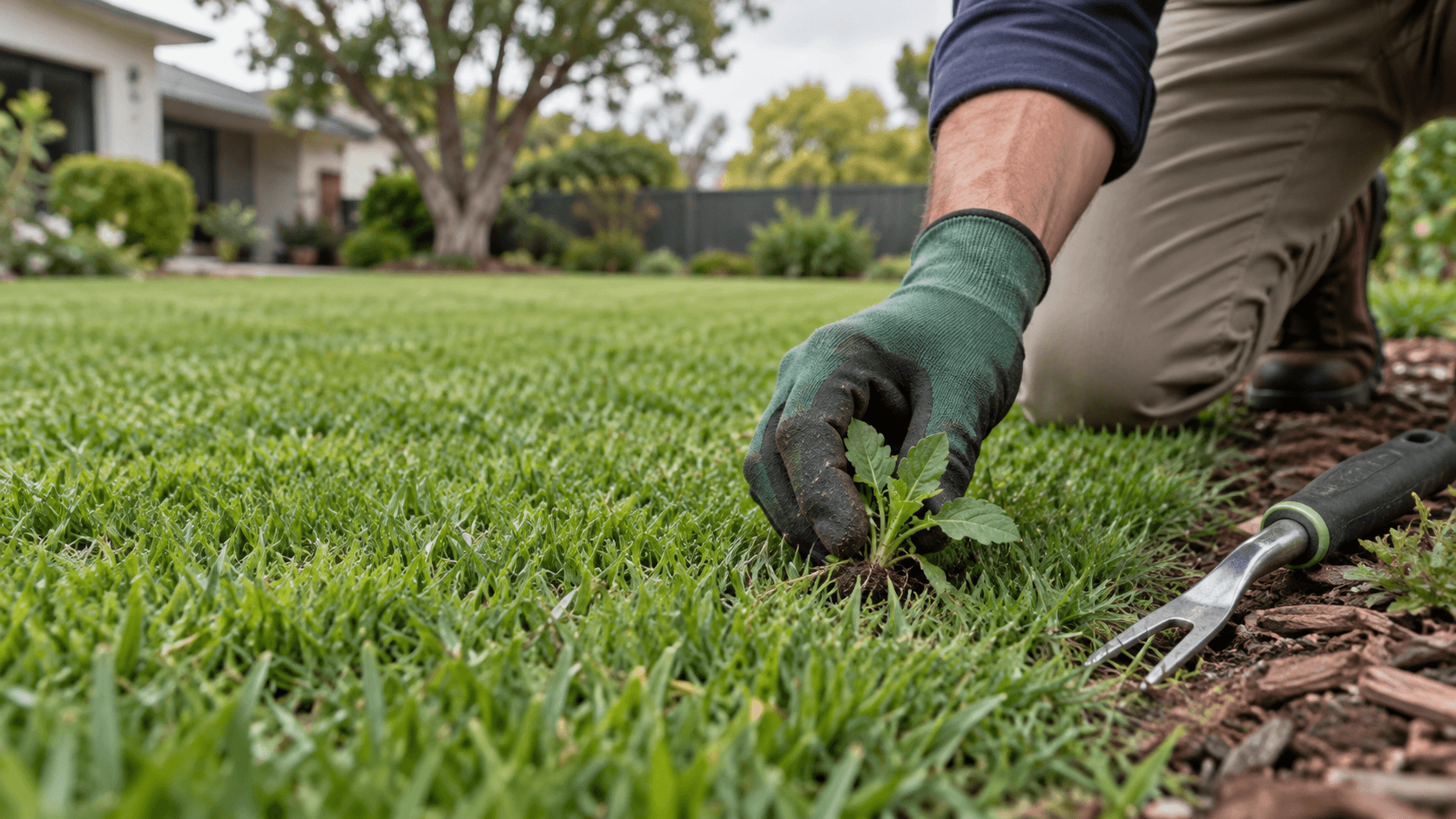 A Greenkeeper hand-weeding at the edge of a healthy lawn