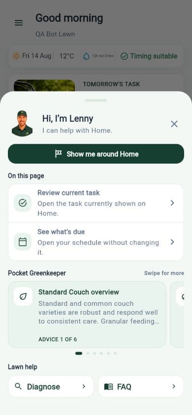 LawnNova Home with the Ask Lenny contextual help popup open