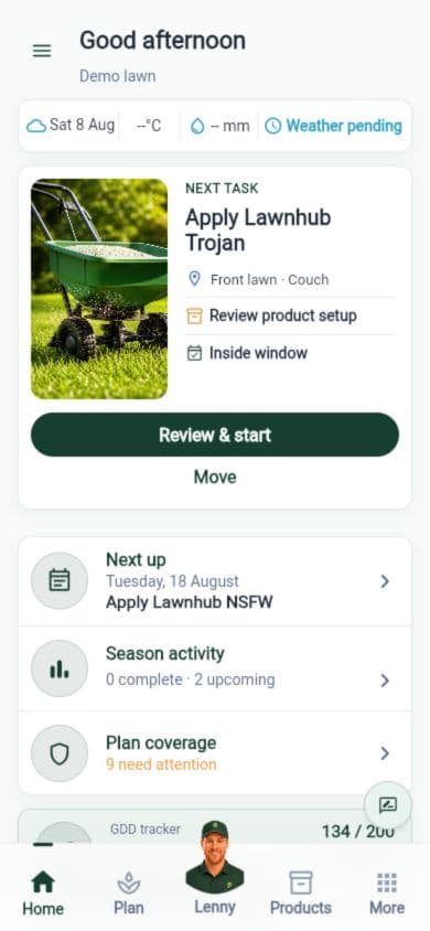 Current LawnNova Home screen with weather, the next task, and plan coverage