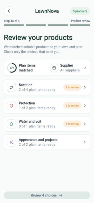 Product review showing matched plan items and choices to review