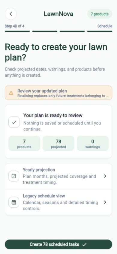 Schedule review shown before lawn-care tasks are created