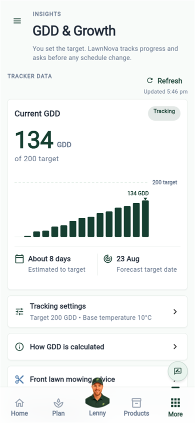 LawnNova GDD and Growth tracker showing progress and a forecast target date